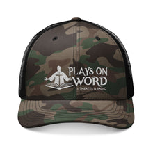 Load image into Gallery viewer, POW! Camouflage Trucker Hat - Embroidered "Plays On Word" Theater &amp; Radio Logo